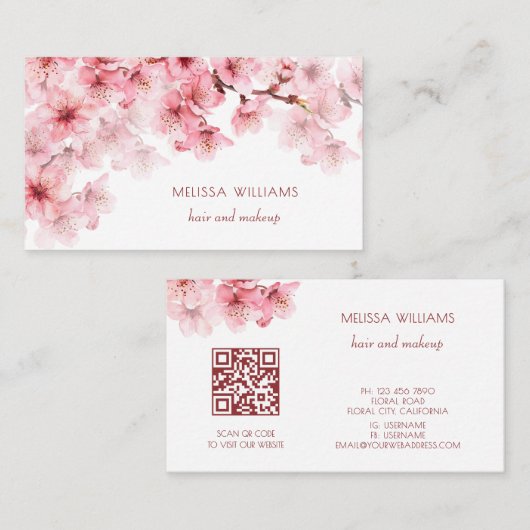 Watercolor Cherry Blossoms QR Code Visitekaartje (Voorkant / Achterkant)