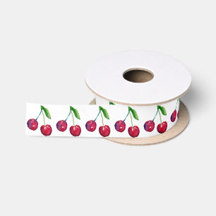 Watercolor Cherry Coquette Hand-Illustrated Retro Satijnen Lint