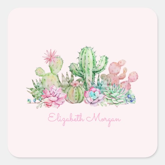 Watercolor Chic Succulenten Vierkante Sticker (Voorkant)