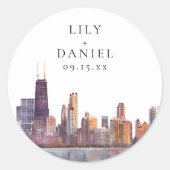 Watercolor Chicago Skyline Destination Wedding Ronde Sticker (Voorkant)