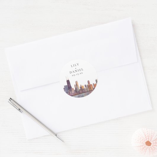 Watercolor Chicago Skyline Destination Wedding Ronde Sticker (Envelop)