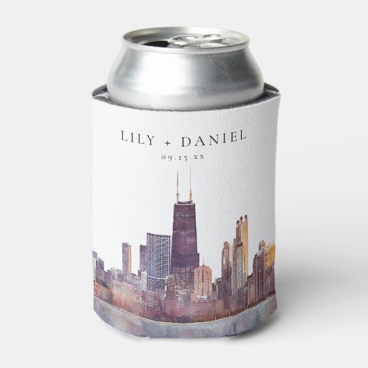 Watercolor Chicago Skyline Wedding Blikjeskoeler (Blikje Voorkant)