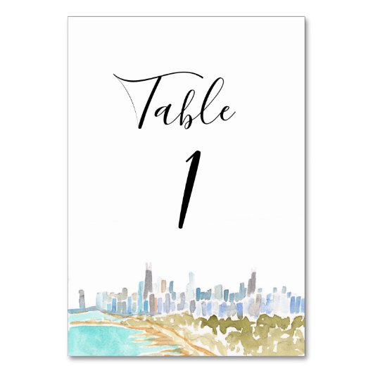 Watercolor Chicago Wedding Table Numbers Kaart (Voorkant)