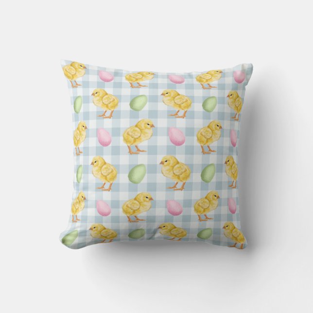 Watercolor Chick And Eggs On Blue Gingham Pattern Kussen (Voorkant)