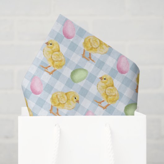 Watercolor Chick And Eggs On Blue Gingham Pattern Tissuepapier (Cadeauzakje)