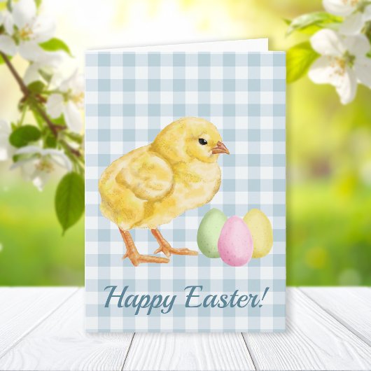 Watercolor Chick And Eggs On Blue Happy Easter Kaart