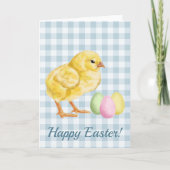 Watercolor Chick And Eggs On Blue Happy Easter Kaart (Voorkant)