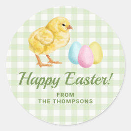 Watercolor Chick And Eggs On Green Gingham Pattern Ronde Sticker