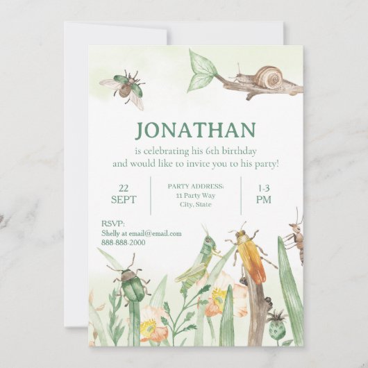 Watercolor Child's Bug Insect Birthday Invitation Kaart (Voorkant)