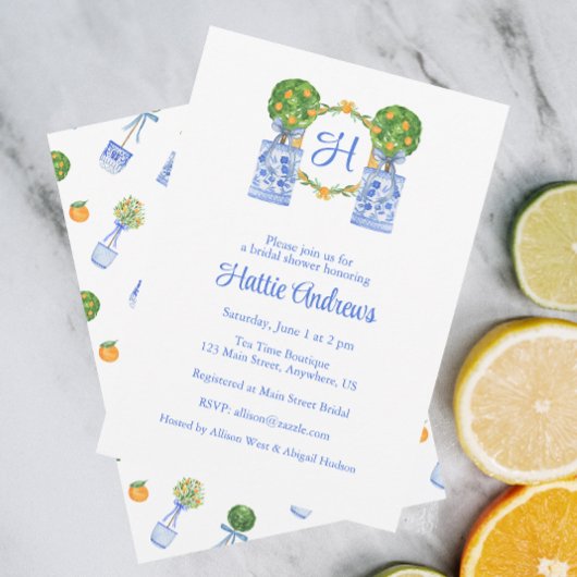 Watercolor Chinoiserie Citrus Topiary Monogram Kaart