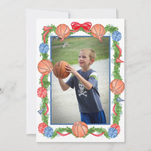 Watercolor Christmas Basketball Garland Photo Feestdagenkaart (Voorkant)
