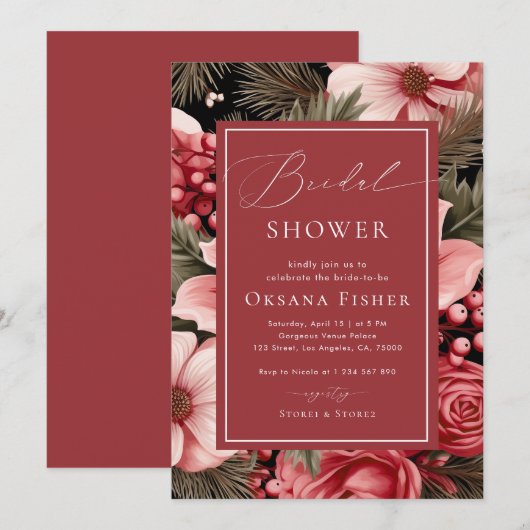 Watercolor Christmas Floral Winter Bridal Shower Kaart (Voorkant / Achterkant)