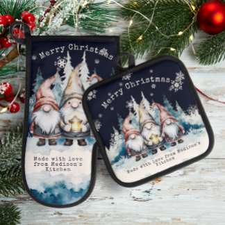 Watercolor Christmas Gnomes Personalized Ovenwant & Pannenlap Set