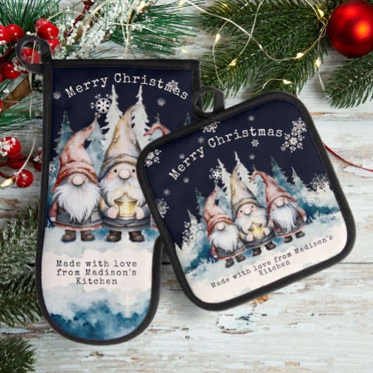 Watercolor Christmas Gnomes Personalized Ovenwant & Pannenlap Set