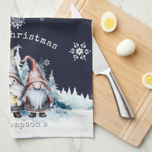 Watercolor Christmas Gnomes Personalized Theedoek (Quarter Fold)