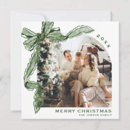 Watercolor Christmas Green Lace Bow Ribbon 2 Photo Feestdagenkaart