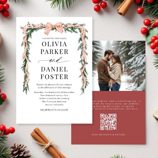 Watercolor Christmas Greenery QR Code Photo Bow Kaart