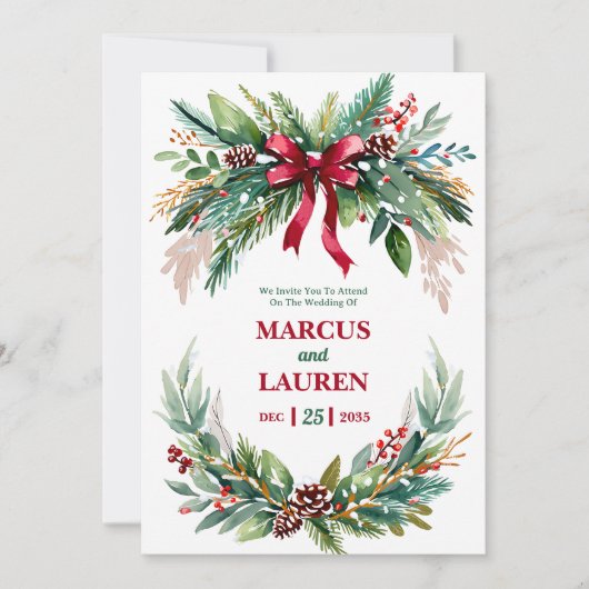 Watercolor Christmas Greenery Wedding Invitation Kaart (Voorkant)