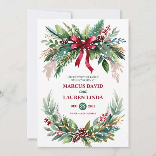Watercolor Christmas Greenery Wedding Invitation Kaart (Achterkant)