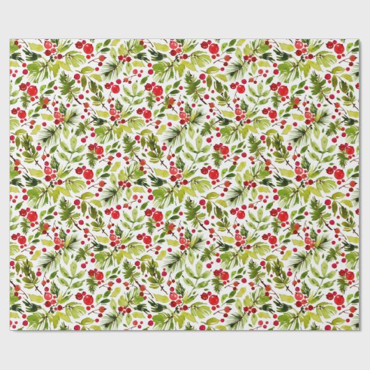 Watercolor Christmas Leaves and Berries Cadeaupapier (Vlak)