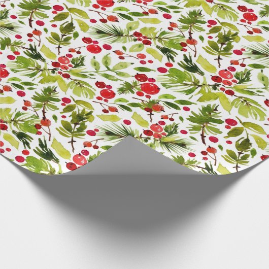 Watercolor Christmas Leaves and Berries Cadeaupapier (Hoek)