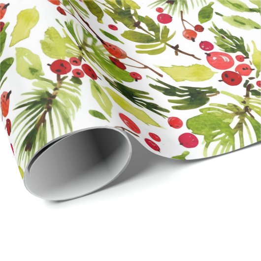 Watercolor Christmas Leaves and Berries Cadeaupapier (Rol Hoek)