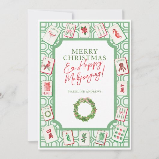 Watercolor Christmas Mahjong Tiles Party Feestdagenkaart (Voorkant)
