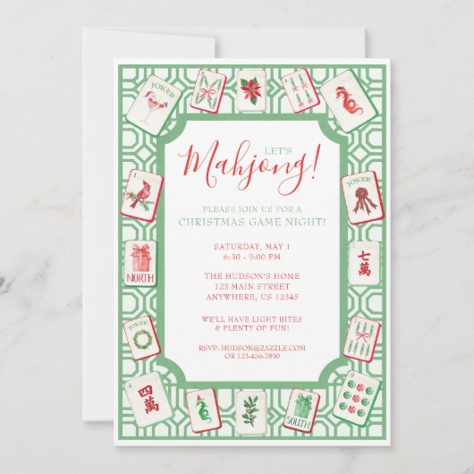 Watercolor Christmas Mahjong Tiles Party Kaart (Voorkant)