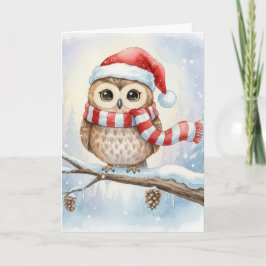 Watercolor Christmas Owl In a Santa Hat Kaart