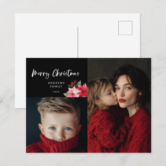 Watercolor Christmas Poinsettia Design Feestdagenkaart (Voorkant / Achterkant)