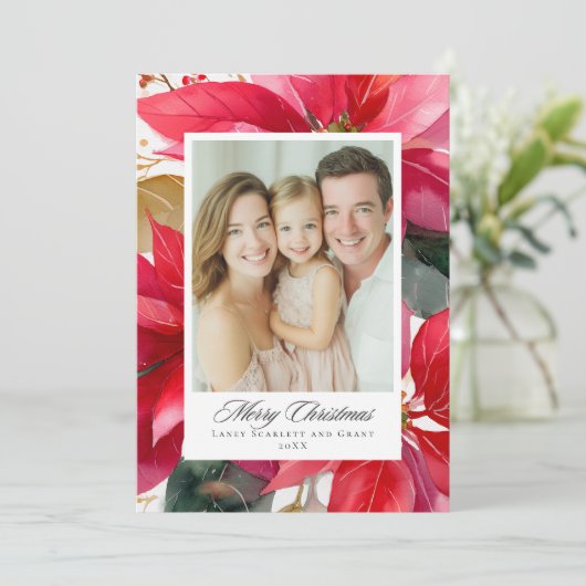 Watercolor Christmas Poinsettia Design Feestdagenkaart (Staand voorkant)
