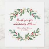 Watercolor Christmas red hollies gold green shower Wijn Etiket (Enkel label)