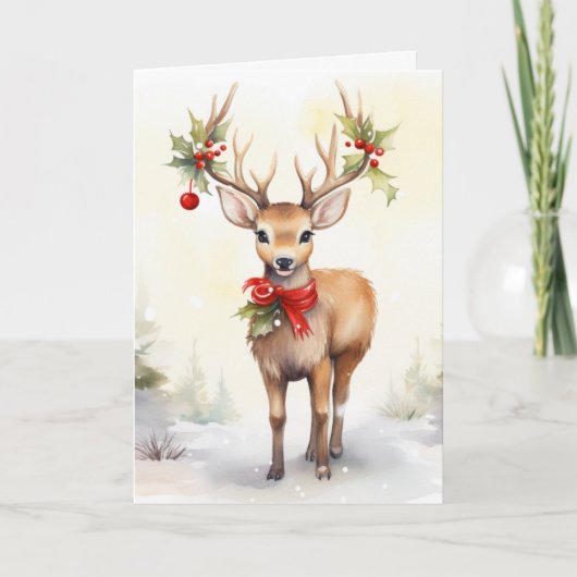 Watercolor Christmas Reindeer Feestdagen Kaart (Voorkant)