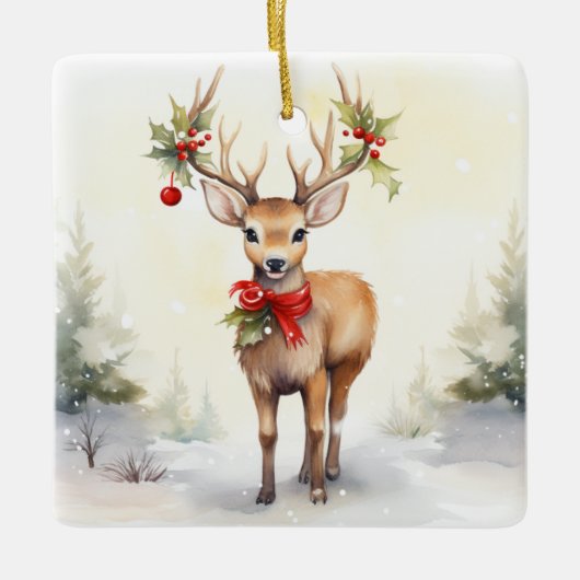 Watercolor Christmas Reindeer Keramisch Ornament (Voorkant)