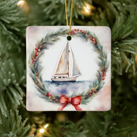 Watercolor Christmas Sailboat In Wreath Keramisch Ornament (Boom)