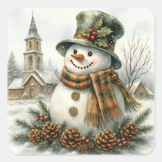 Watercolor Christmas Snowman Cozy Winter Holiday Vierkante Sticker (Voorkant)