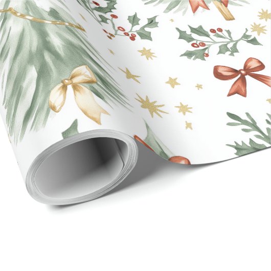 Watercolor Christmas Tree & Bow Wrapping Paper Cadeaupapier (Rol Hoek)