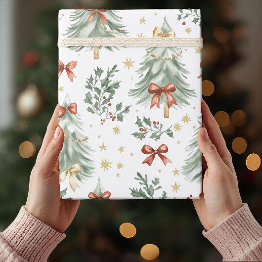 Watercolor Christmas Tree & Bow Wrapping Paper Cadeaupapier