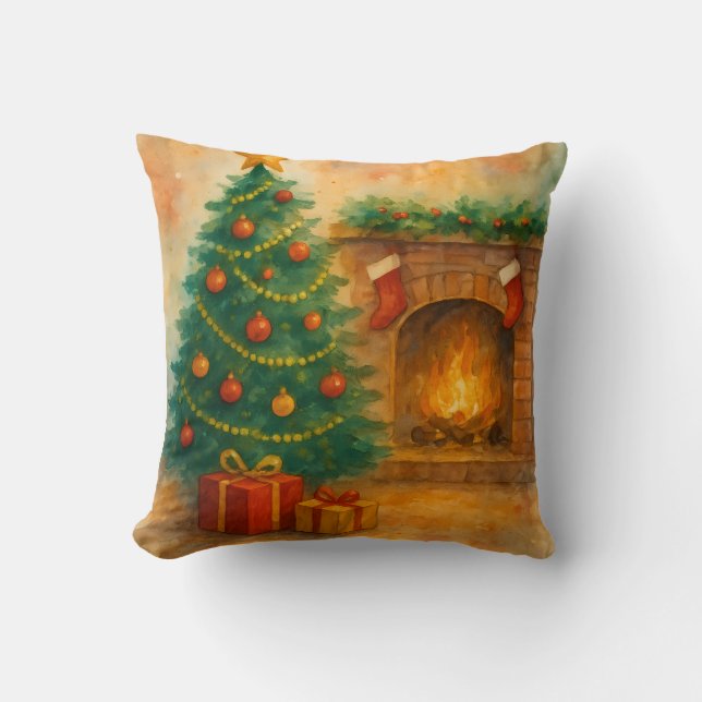 Watercolor Christmas Tree & Cozy Fireplace Holiday Kussen (Voorkant)