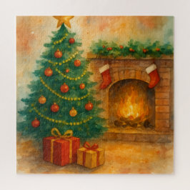 Watercolor Christmas Tree & Cozy Fireplace Holiday Legpuzzel