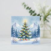 Watercolor Christmas Tree in the Mountains  Photo Feestdagenkaart (Staand voorkant)