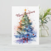 Watercolor Christmas Tree with Red Bow  Feestdagenkaart (Staand voorkant)