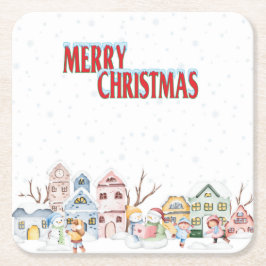 Watercolor Christmas Village Coaster Kartonnen Onderzetters