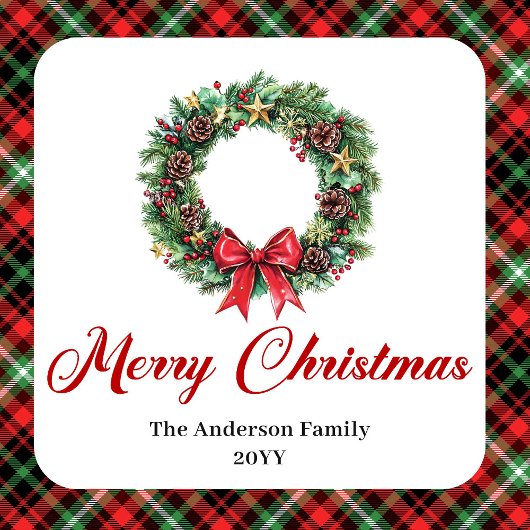 Watercolor Christmas Wreath Red Green Plaid Label