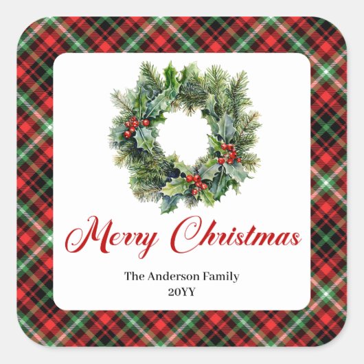 Watercolor Christmas Wreath Red Green Plaid Label (Voorkant)
