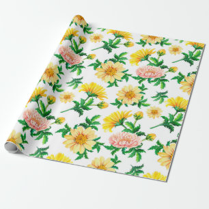 Watercolor chrysanthemums. Yellow flowers with gre Cadeaupapier