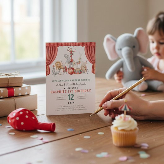 Watercolor Circus Elephant First Birthday Kaart