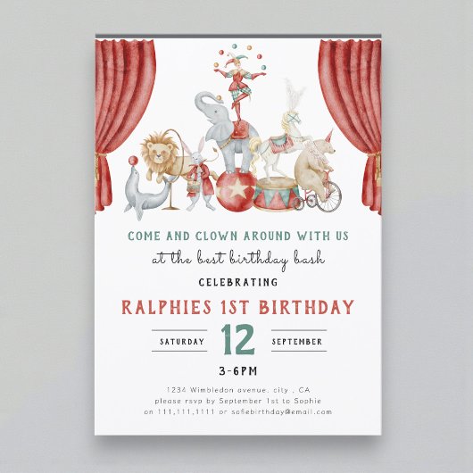 Watercolor Circus Olifant Eerste Verjaardag Kaart