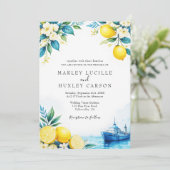Watercolor Citroen Blauwe Italiaanse Zomer Bruilof Kaart (Staand voorkant)