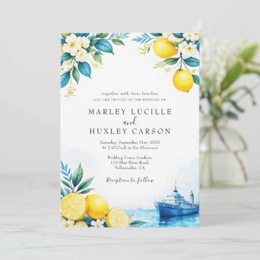 Watercolor Citroen Blauwe Italiaanse Zomer Bruilof Kaart (Staand voorkant)